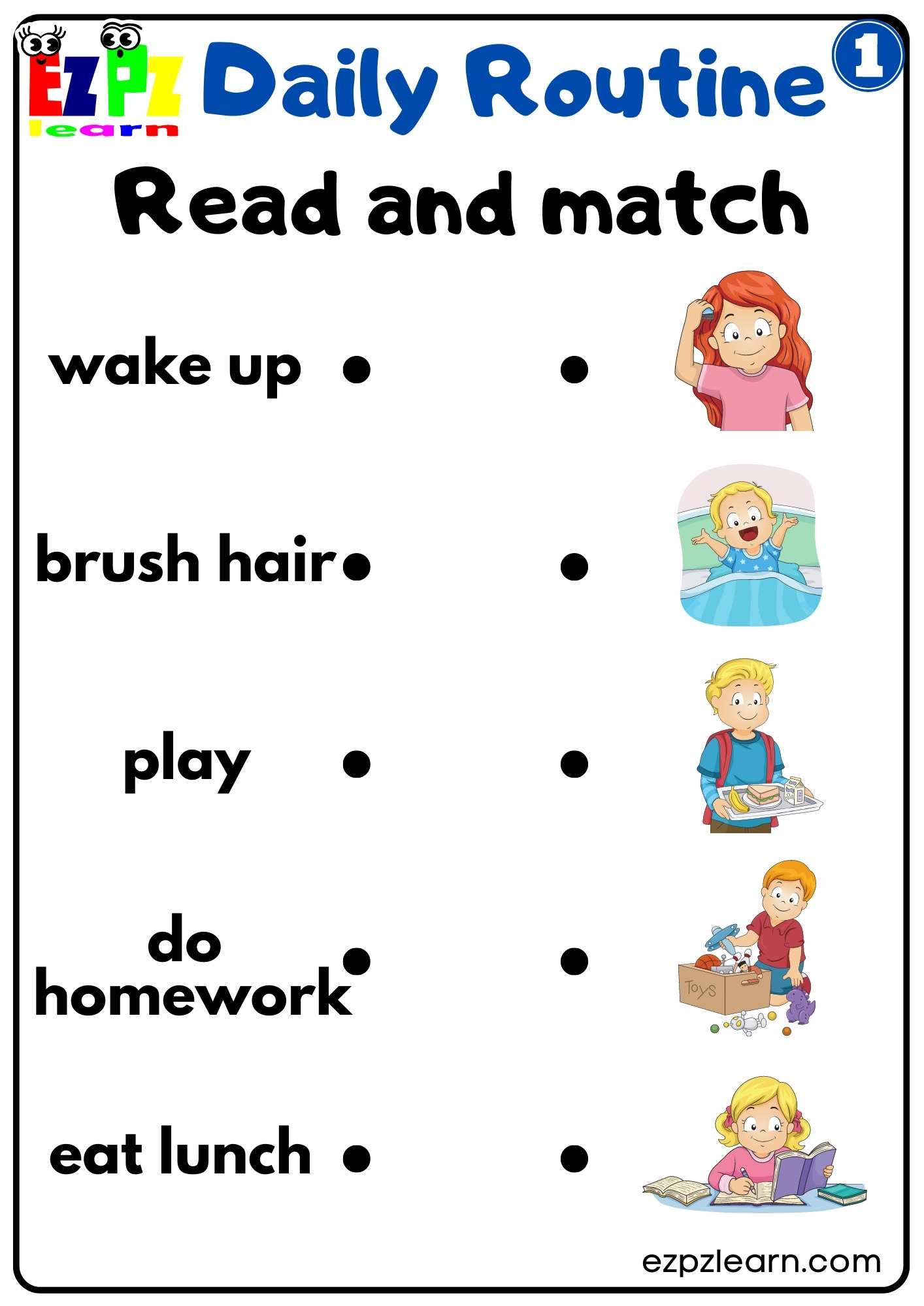 Daily Routines Group 1 Read And Match Worksheet For K5 And Esl Students